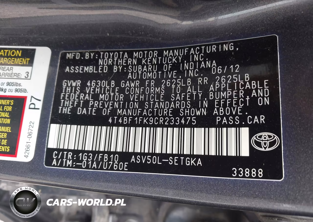 2012 Toyota Camry Xle VIN:4T4BF1FK9CR233475 - 9