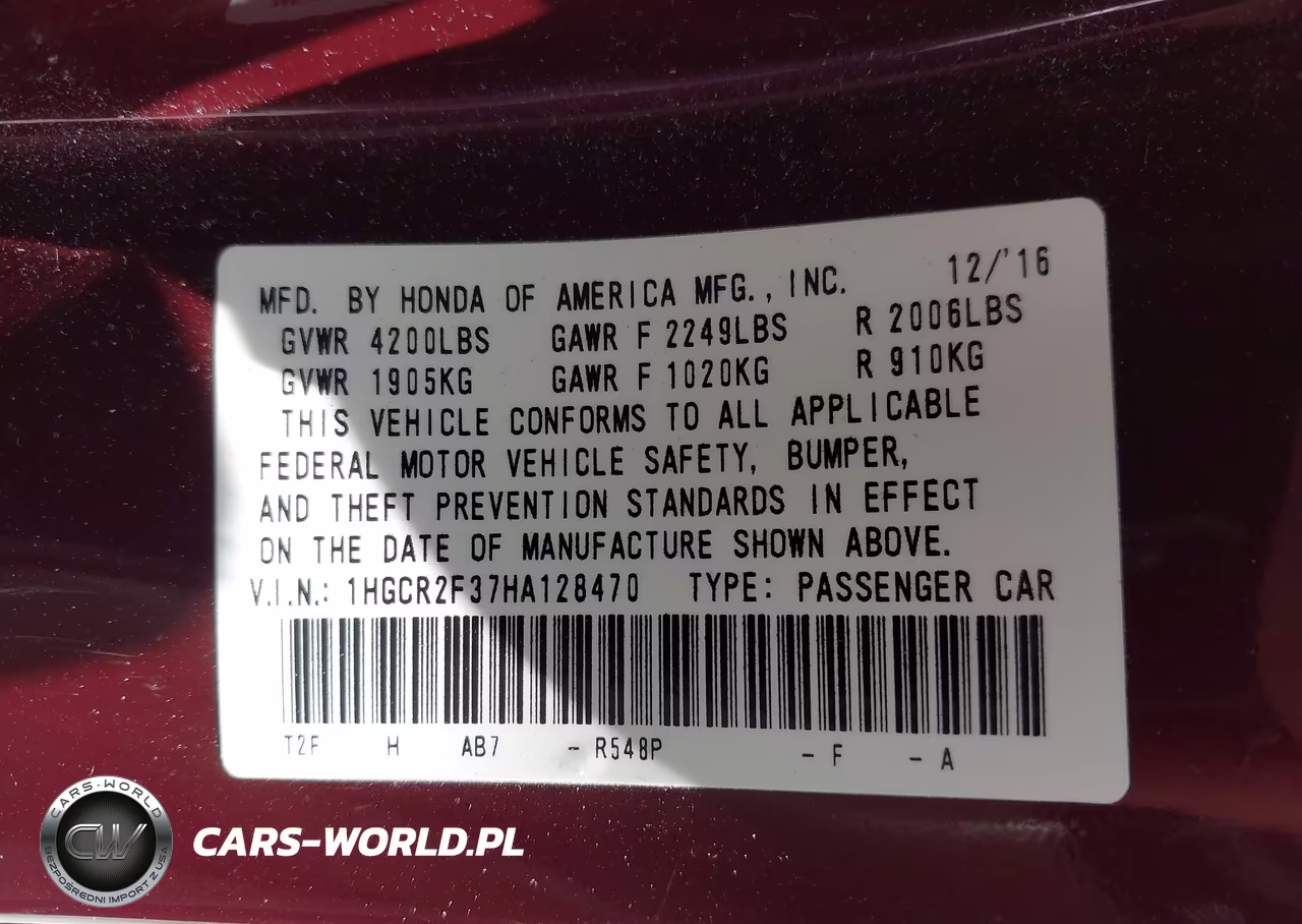 2017 Honda Accord Lx VIN:1HGCR2F37HA128470 - 9
