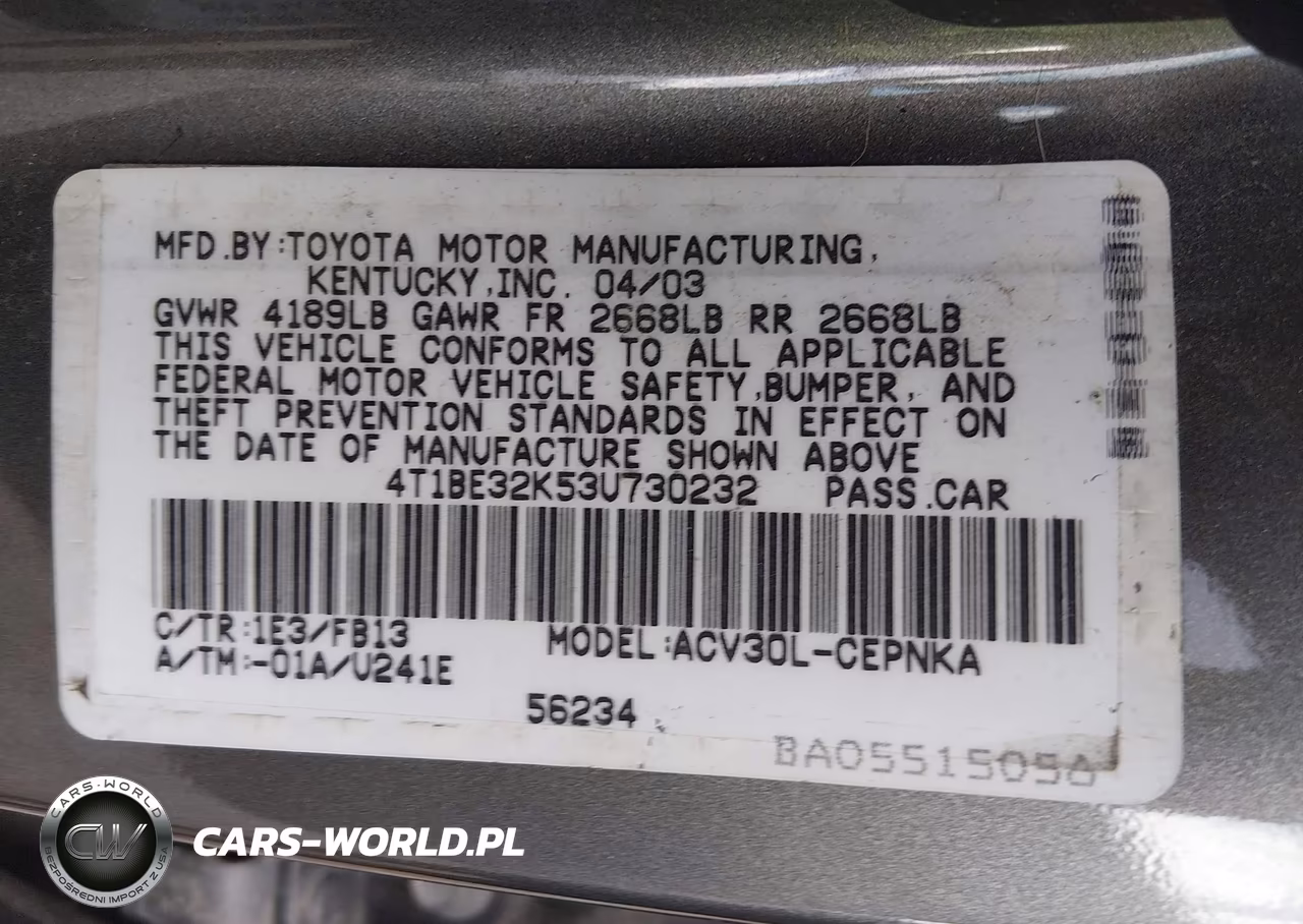 2003 Toyota Camry Le VIN:4T1BE32K53U730232 - 9