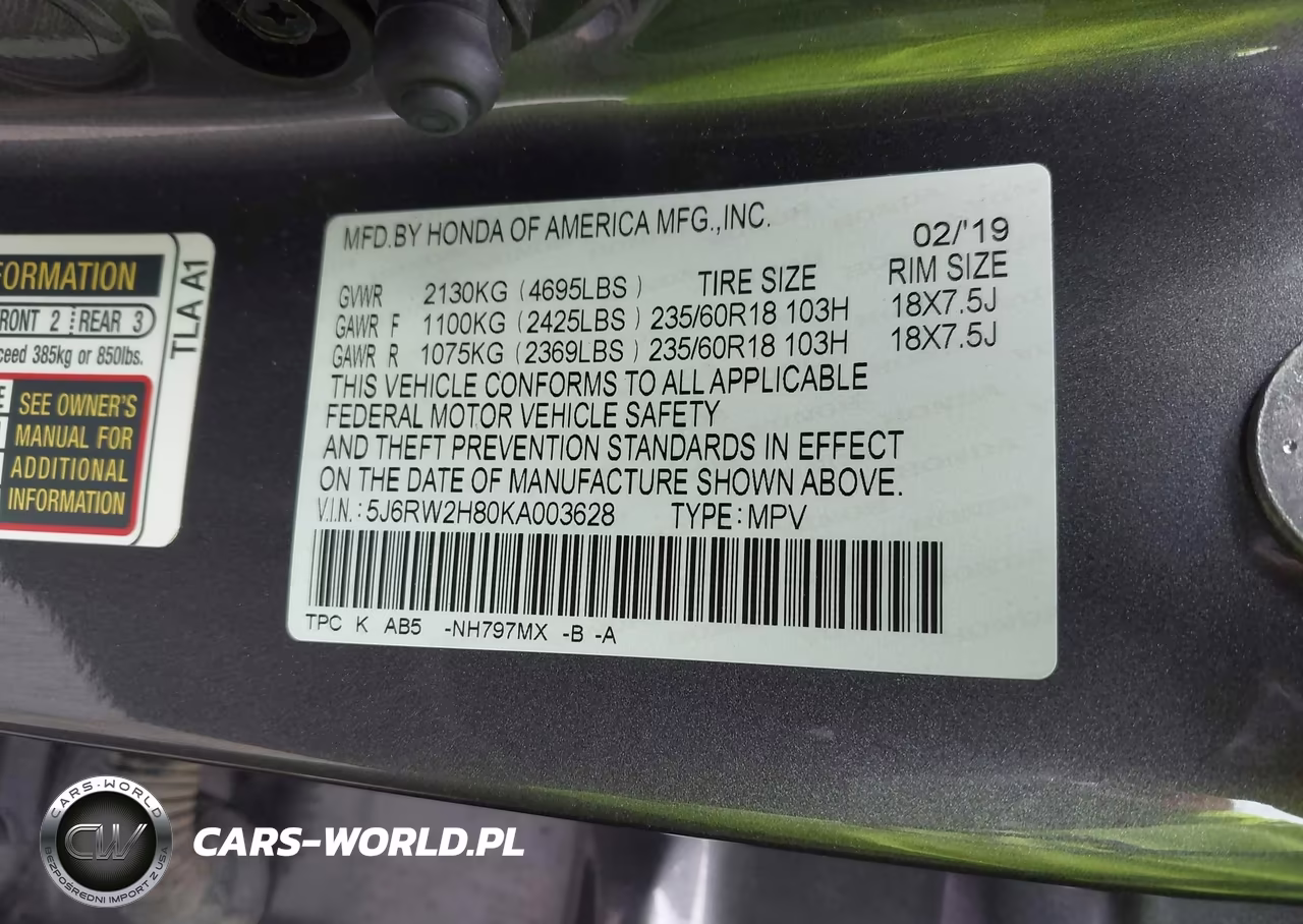 2019 Honda Cr-V Exl VIN:5J6RW2H80KA003628 - 9