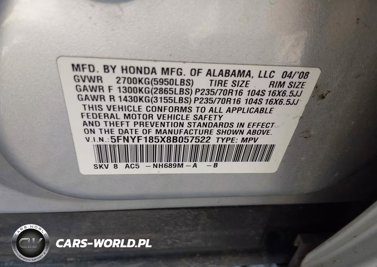 2008 Honda Pilot Ex-L VIN:5FNYF185X8B057522 - 9