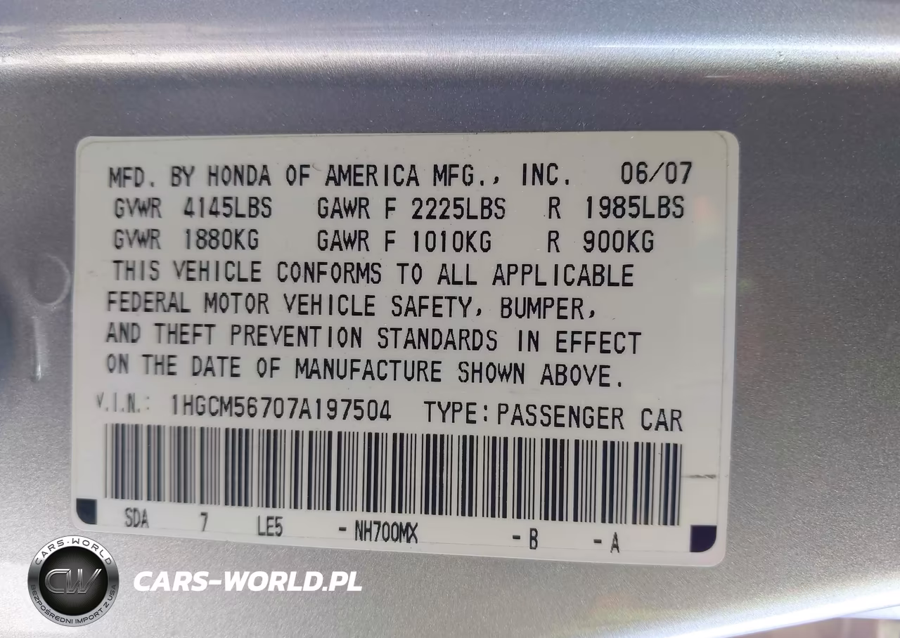 2007 Honda Accord 2.4 Ex VIN:1HGCM56707A197504 - 9