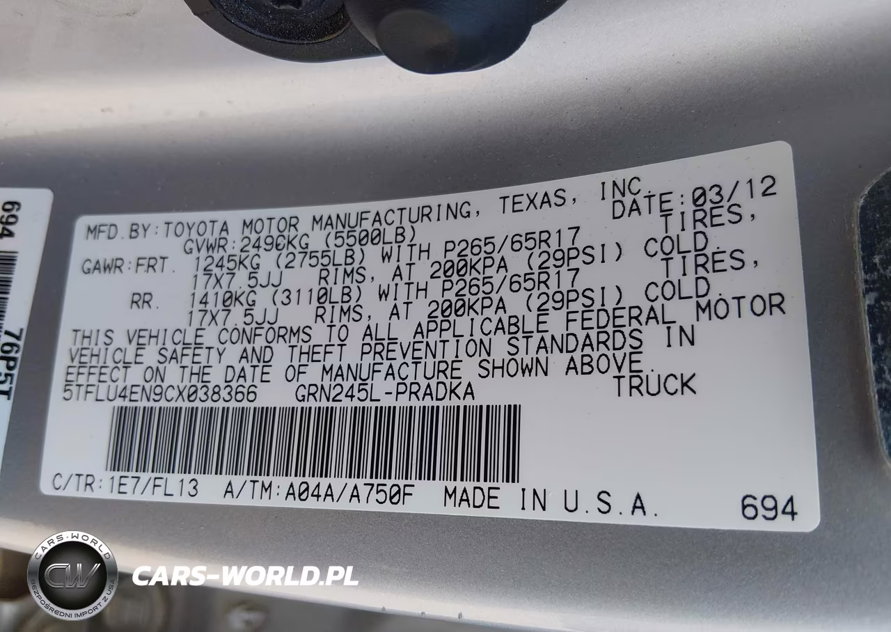 2012 Toyota Tacoma Base V6 VIN:5TFLU4EN9CX038366 - 9