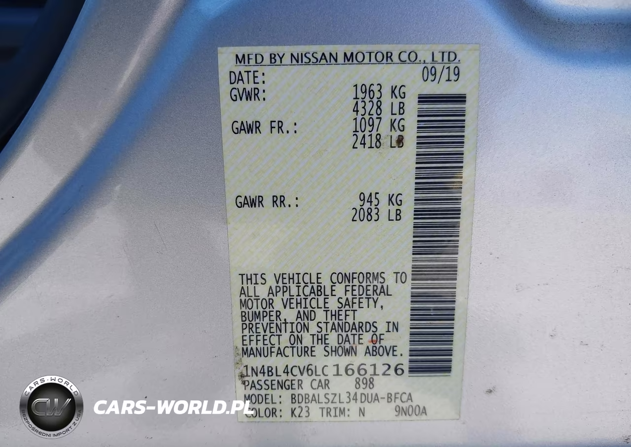 2020 Nissan Altima Sr Fwd VIN:1N4BL4CV6LC166126 - 9