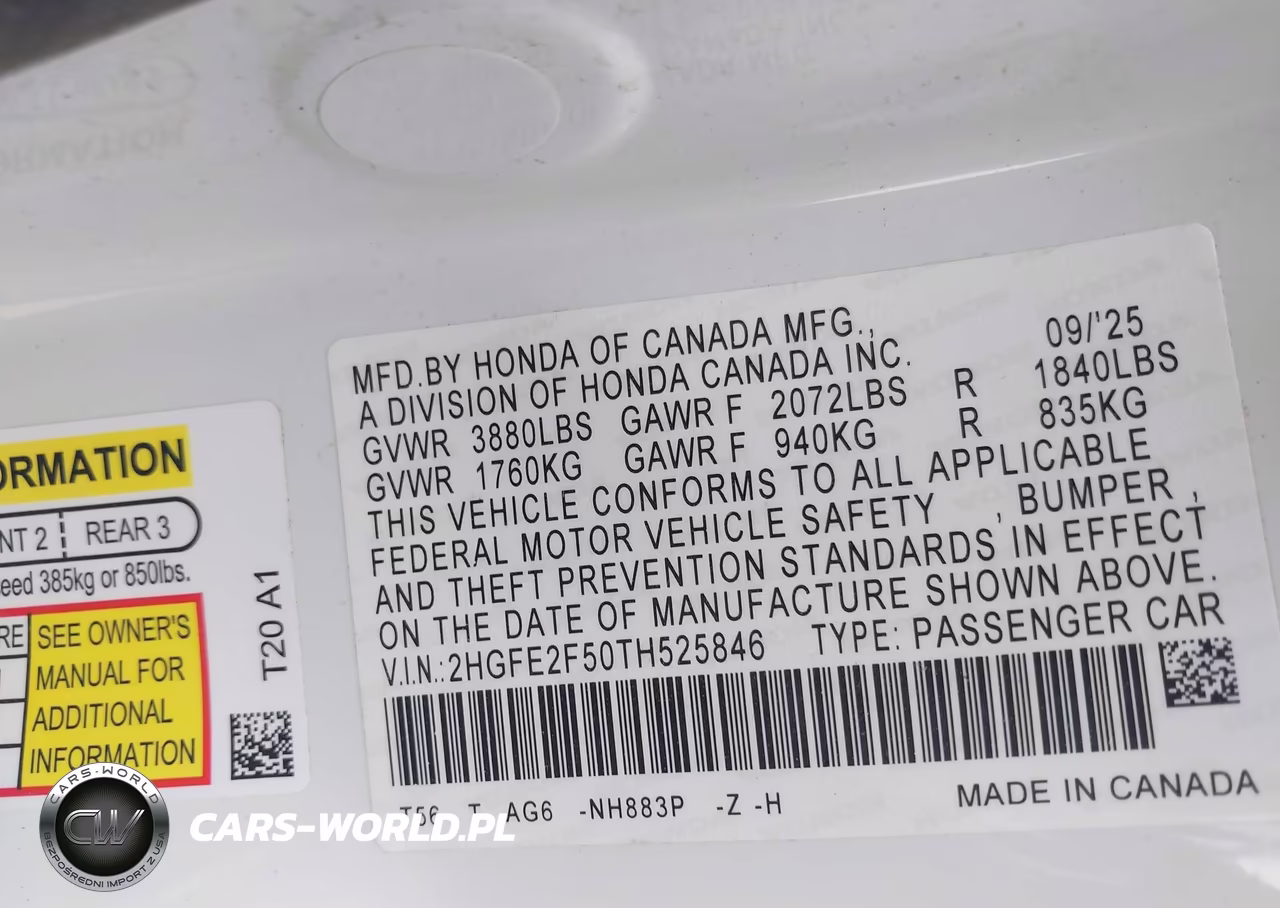 2026 Honda Civic Sport VIN:2HGFE2F50TH525846 - 9