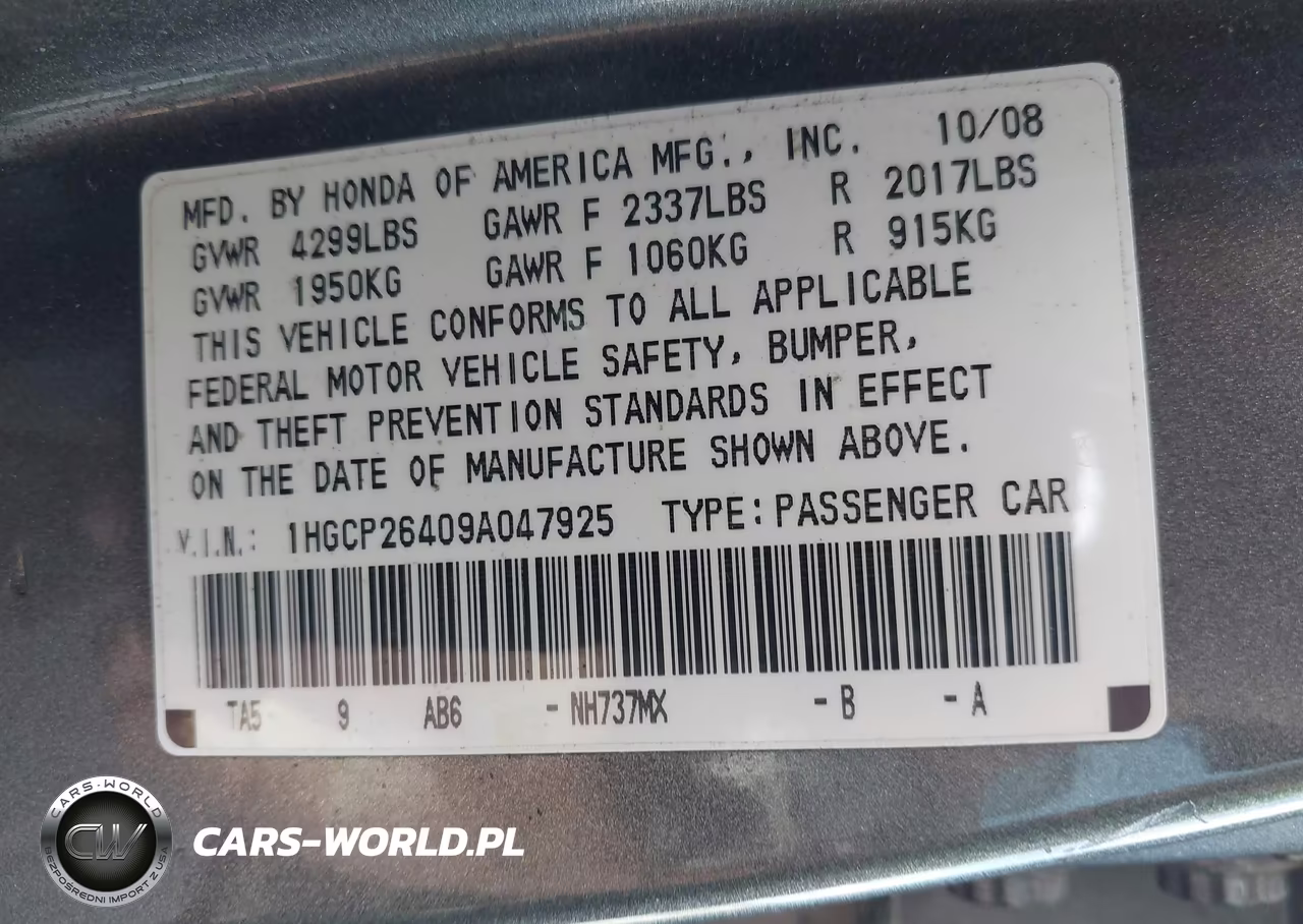 2009 Honda Accord 2.4 Lx-P VIN:1HGCP26409A047925 - 9