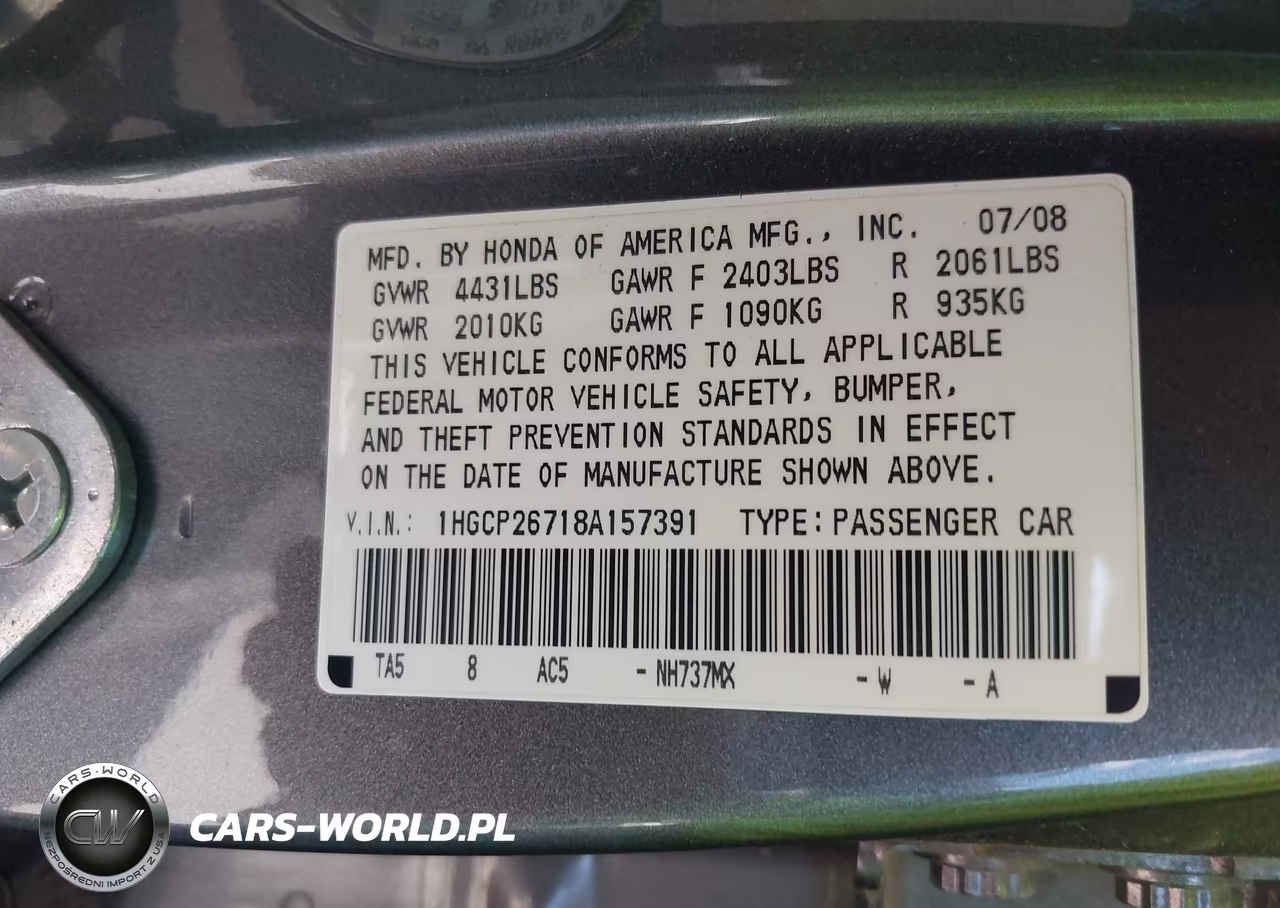 2008 Honda Accord 2.4 Ex VIN:1HGCP26718A157391 - 9