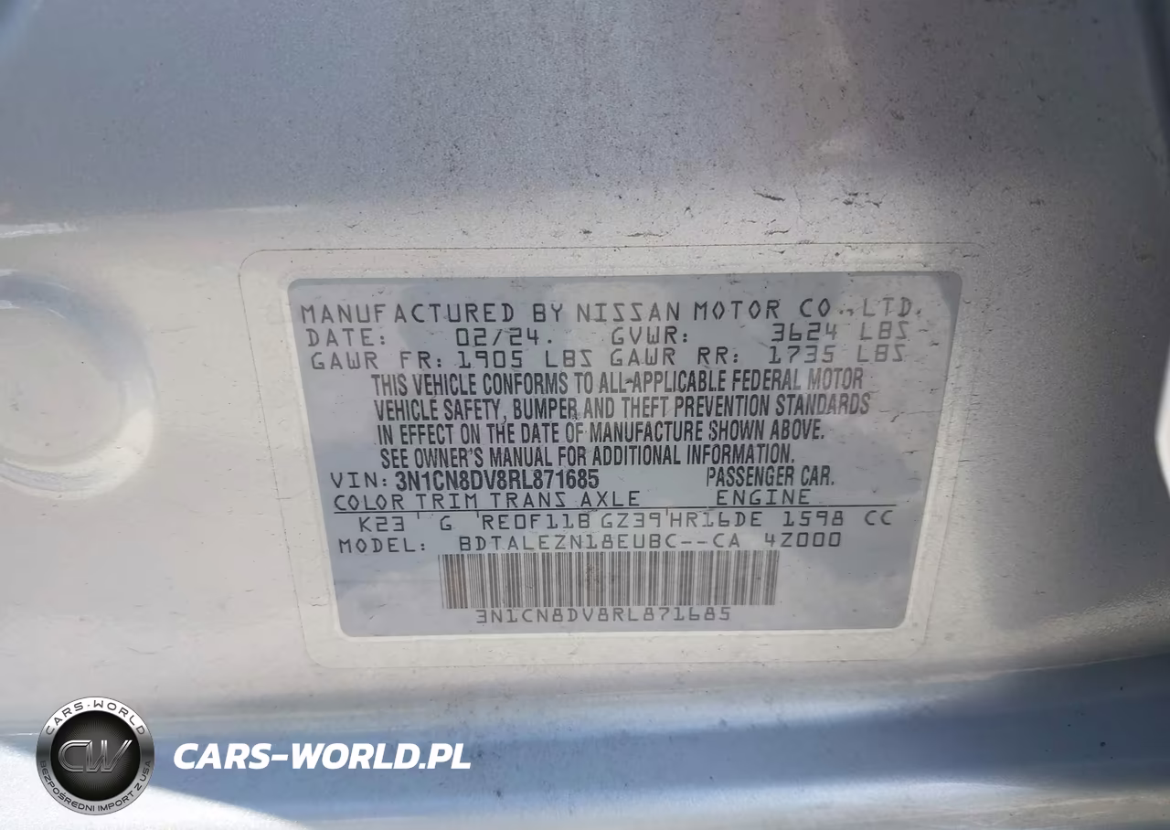 2024 Nissan Versa 1.6 S VIN:3N1CN8DV8RL871685 - 9
