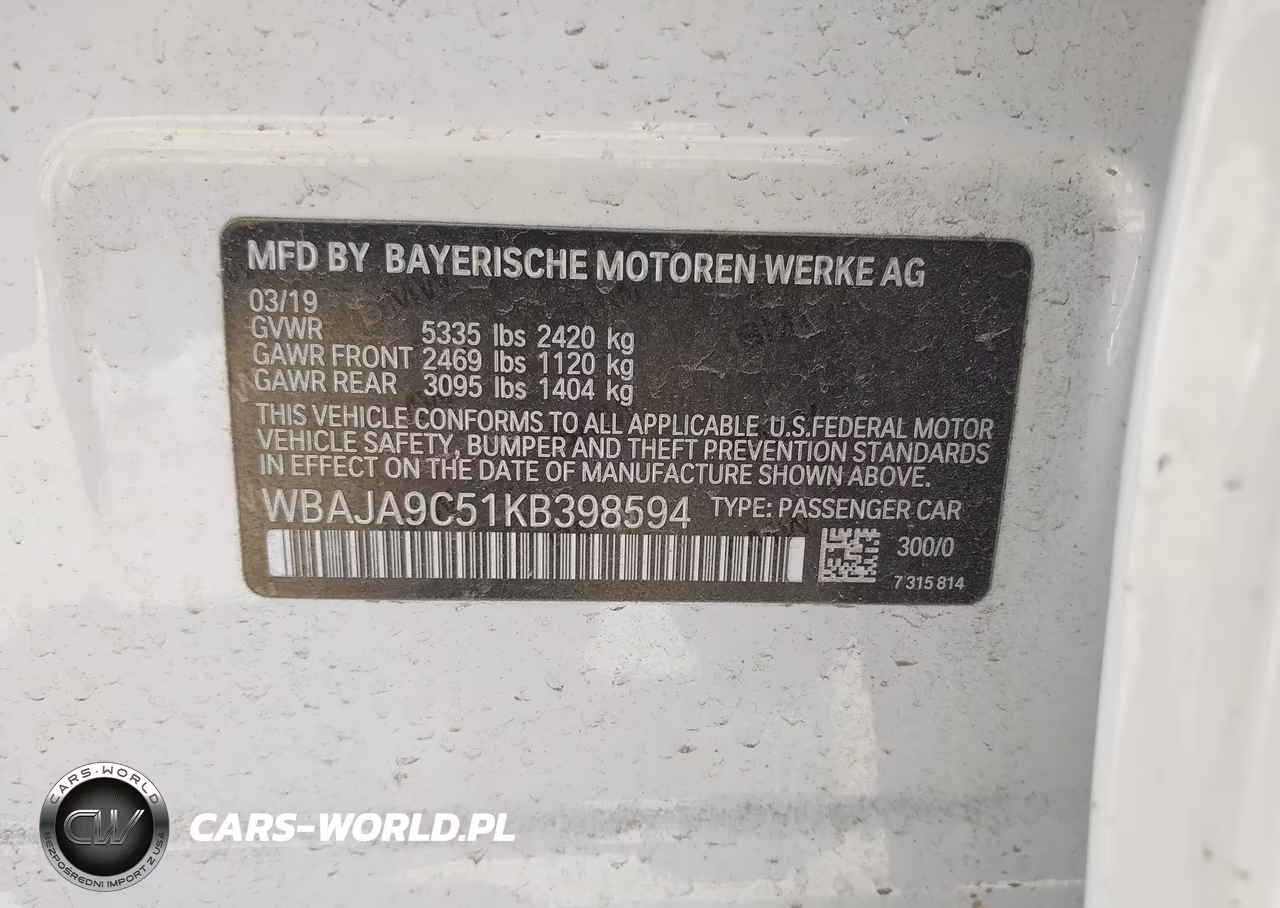 2019 BMW 530E Iperformance VIN:WBAJA9C51KB398594 - 9