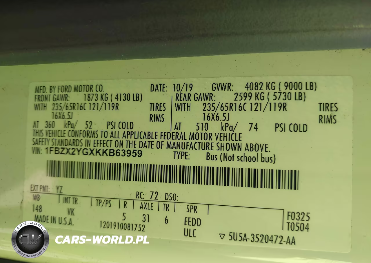 2019 Ford Transit-350 Xl VIN:1FBZX2YGXKKB63959 - 9