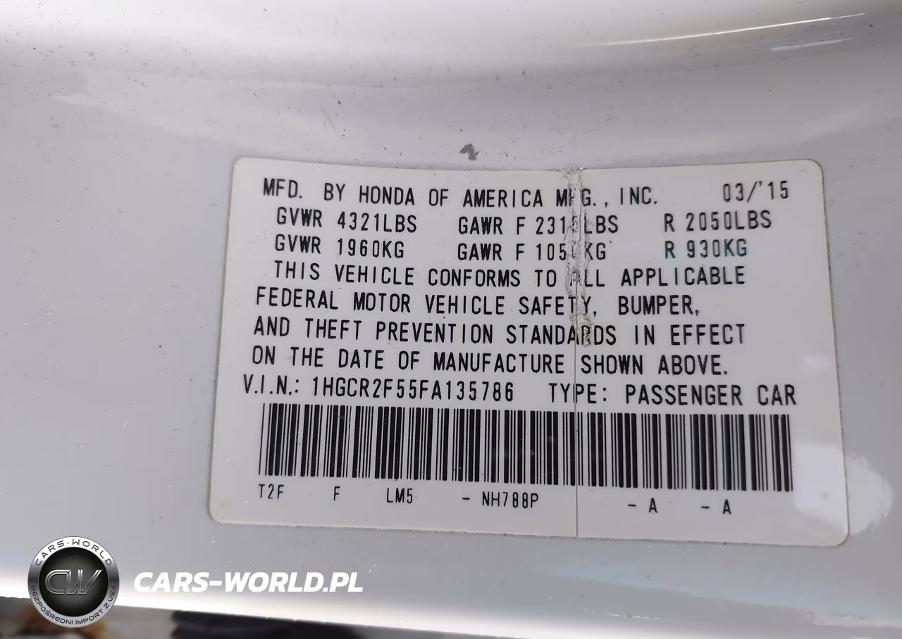 2015 Honda Accord Sport VIN:1HGCR2F55FA135786 - 9