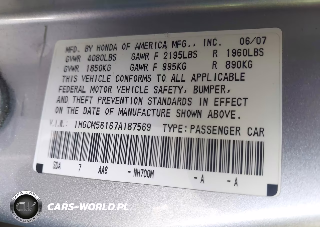 2007 Honda Accord 2.4 Vp VIN:1HGCM56167A187569 - 9