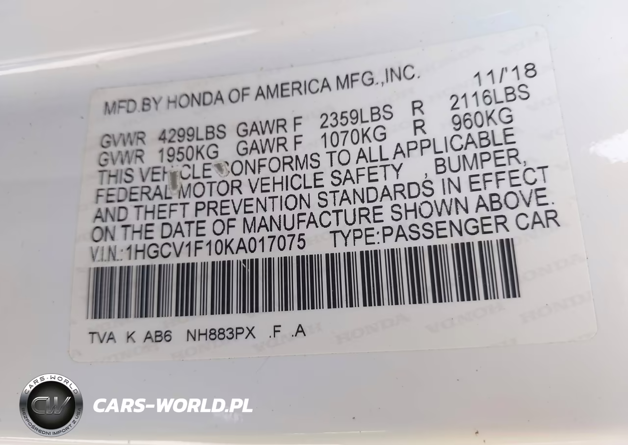2019 Honda Accord Lx VIN:1HGCV1F10KA017075 - 9