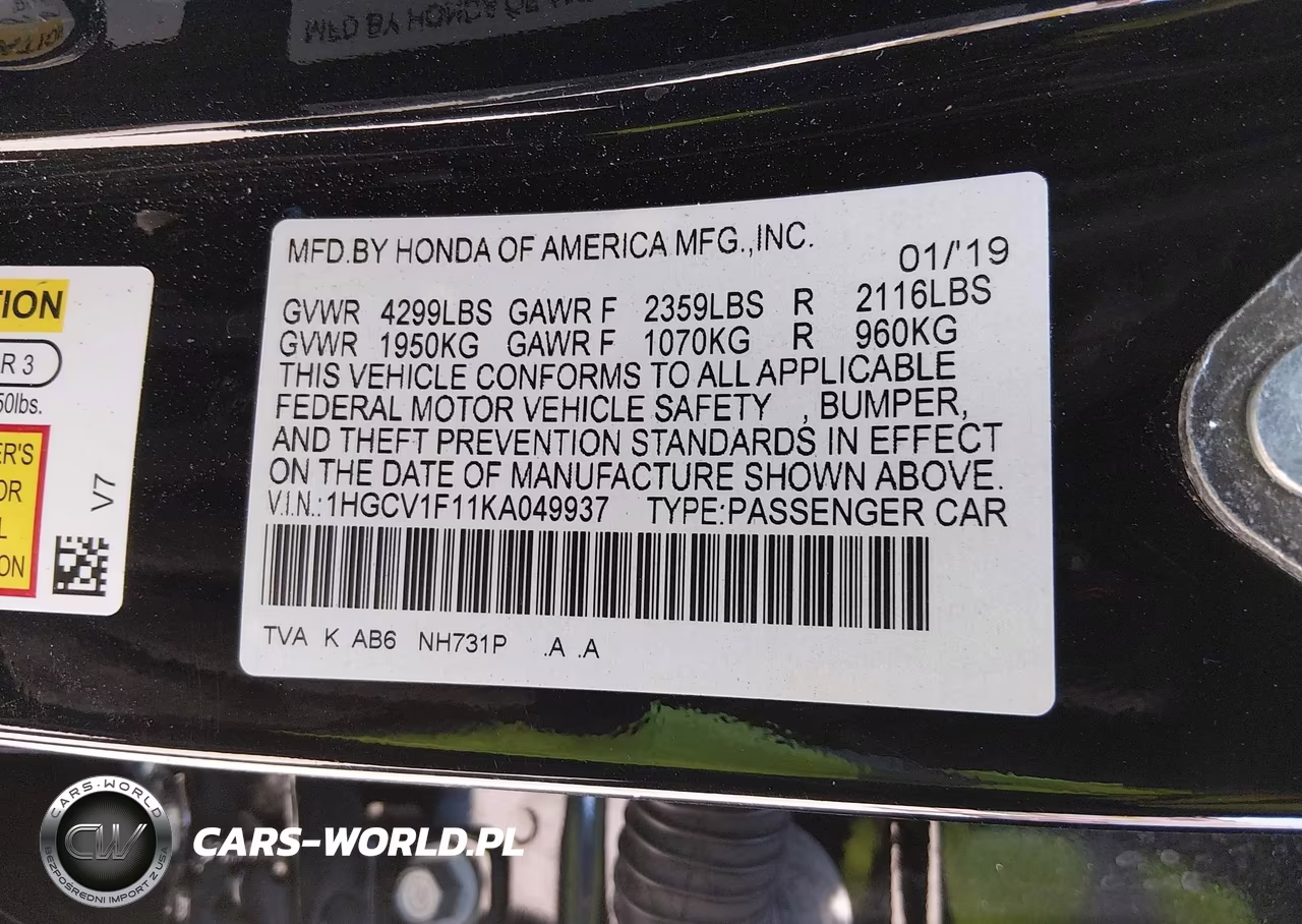2019 Honda Accord Lx VIN:1HGCV1F11KA049937 - 9