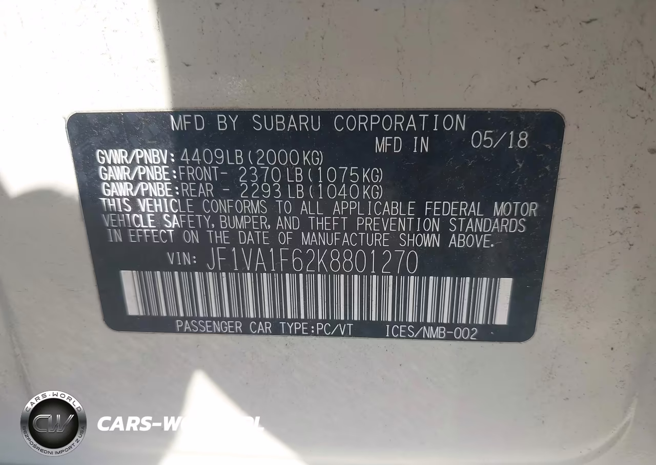 2019 Subaru Wrx Premium VIN:JF1VA1F62K8801270 - 9