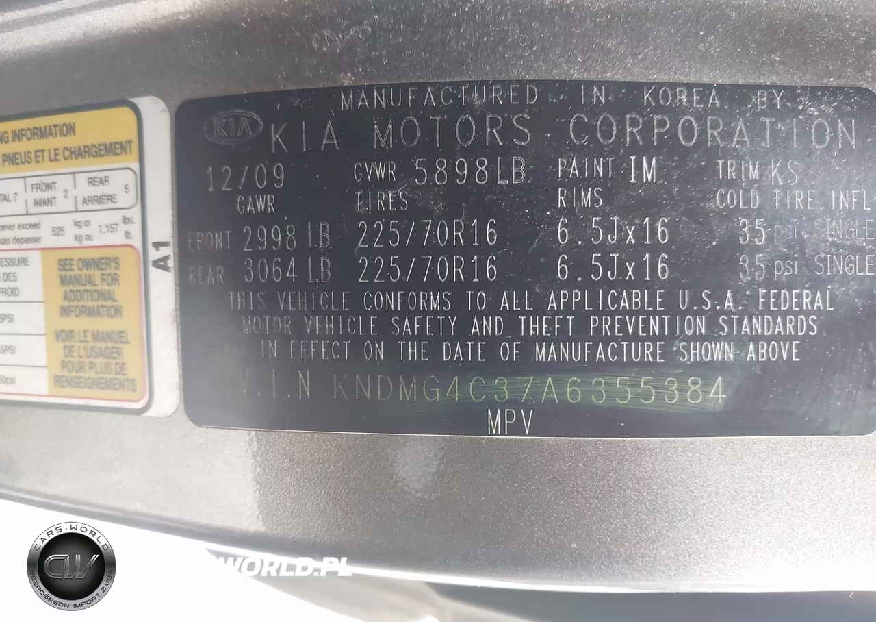 2010 Kia Sedona Lx VIN:KNDMG4C37A6355384 - 9