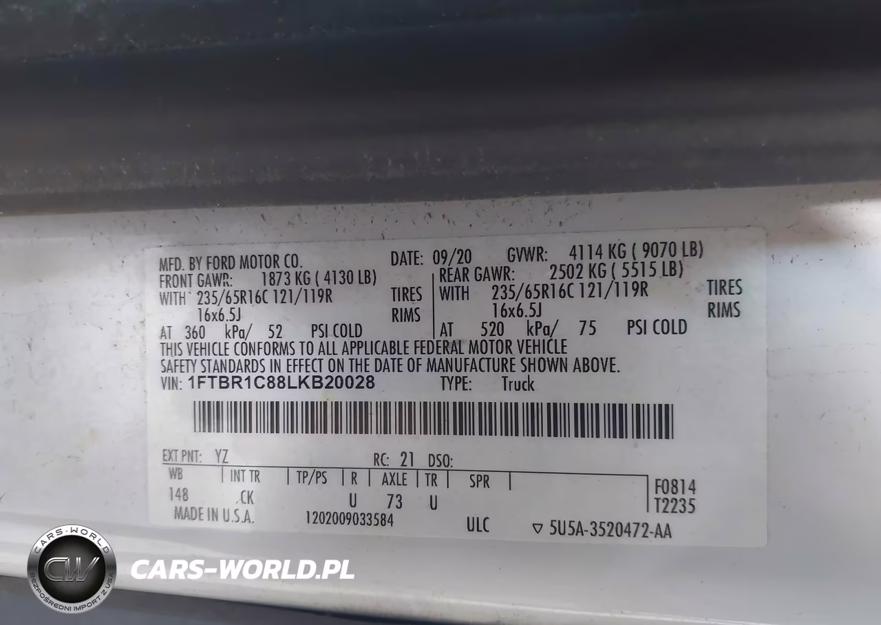 2020 Ford Transit-250 VIN:1FTBR1C88LKB20028 - 9