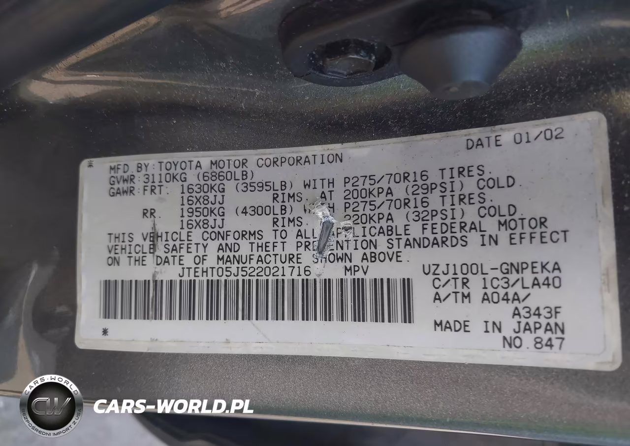 2002 Toyota Land Cruiser VIN:JTEHT05J522021716 - 9