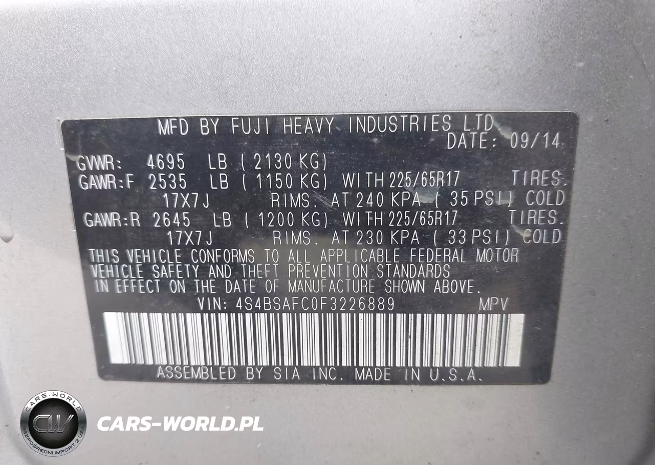 2015 Subaru Outback 2.5I Premium VIN:4S4BSAFC0F3226889 - 9