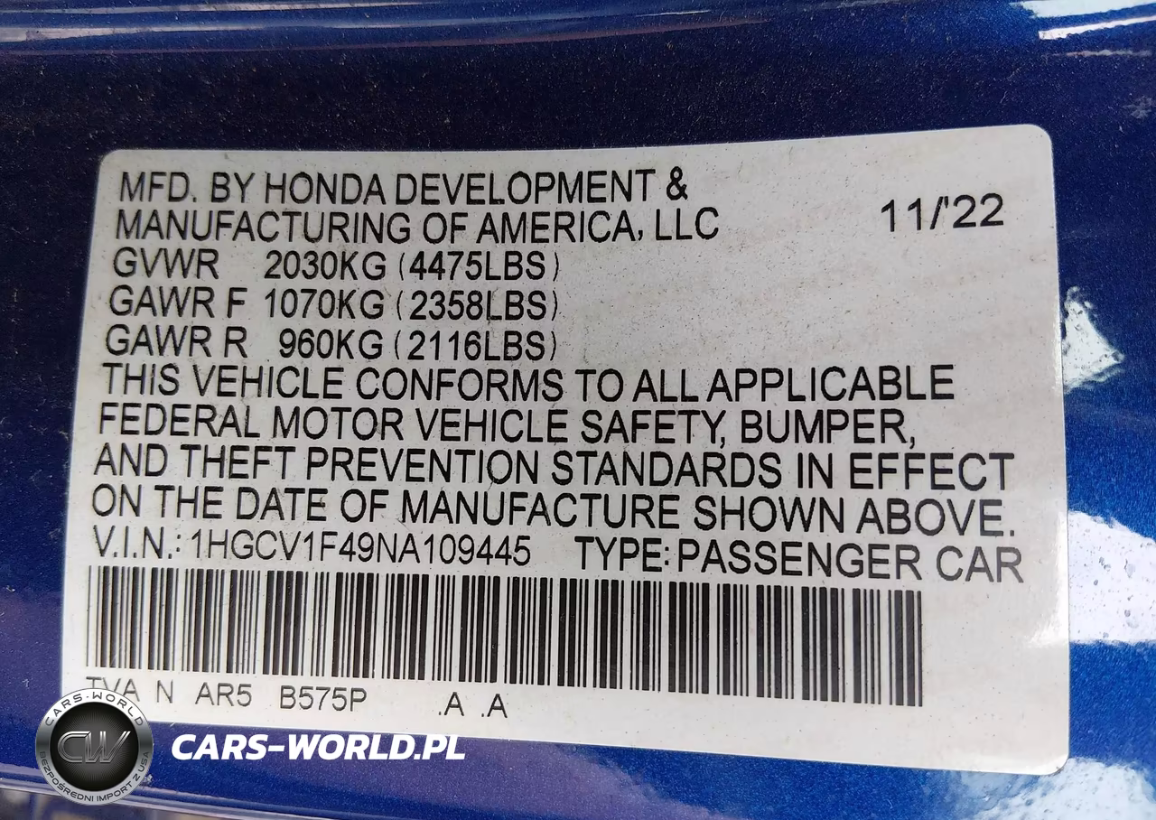 2022 Honda Accord Sport Special Edition VIN:1HGCV1F49NA109445 - 9
