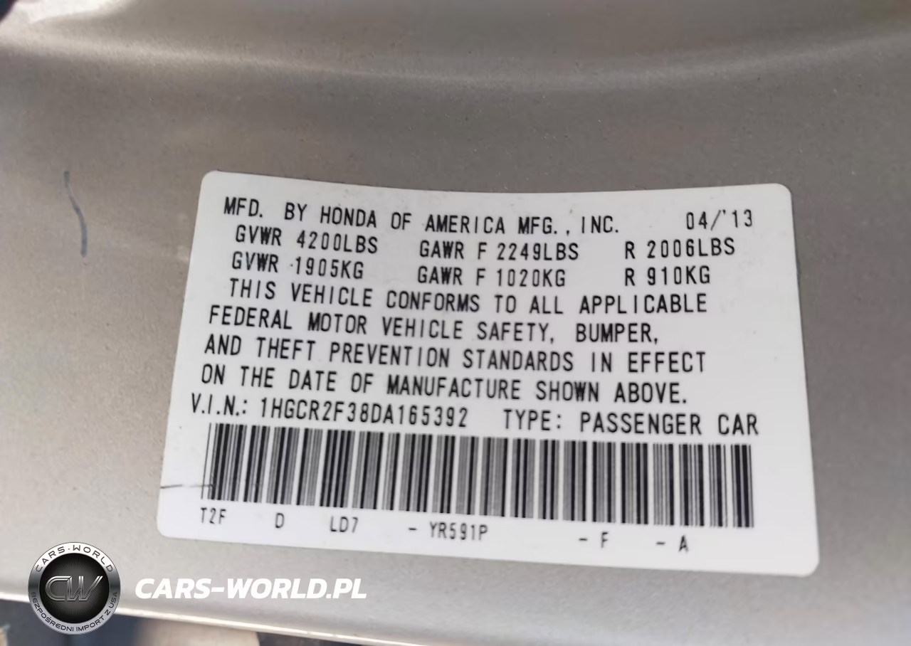 2013 Honda Accord Lx VIN:1HGCR2F38DA165392 - 9