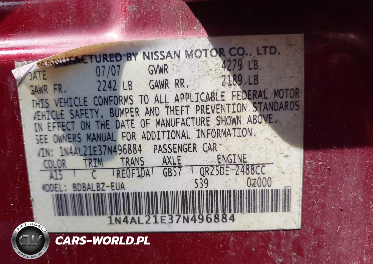 2007 Nissan Altima 2.5 S VIN:1N4AL21E37N496884 - 9
