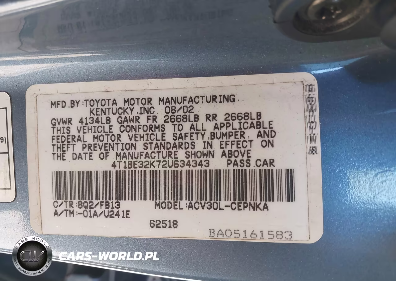 2002 Toyota Camry Le VIN:4T1BE32K72U634343 - 8