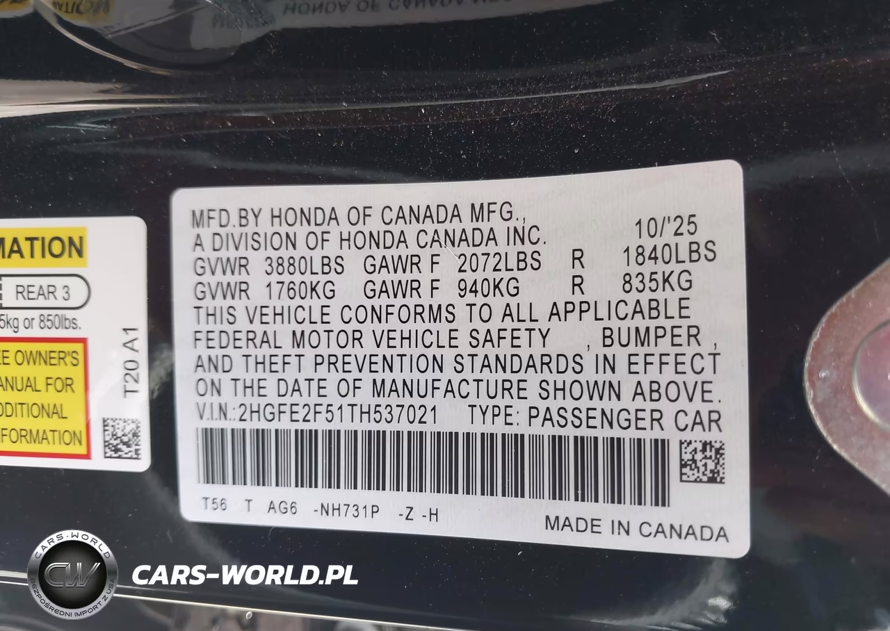 2026 Honda Civic Sport VIN:2HGFE2F51TH537021 - 9