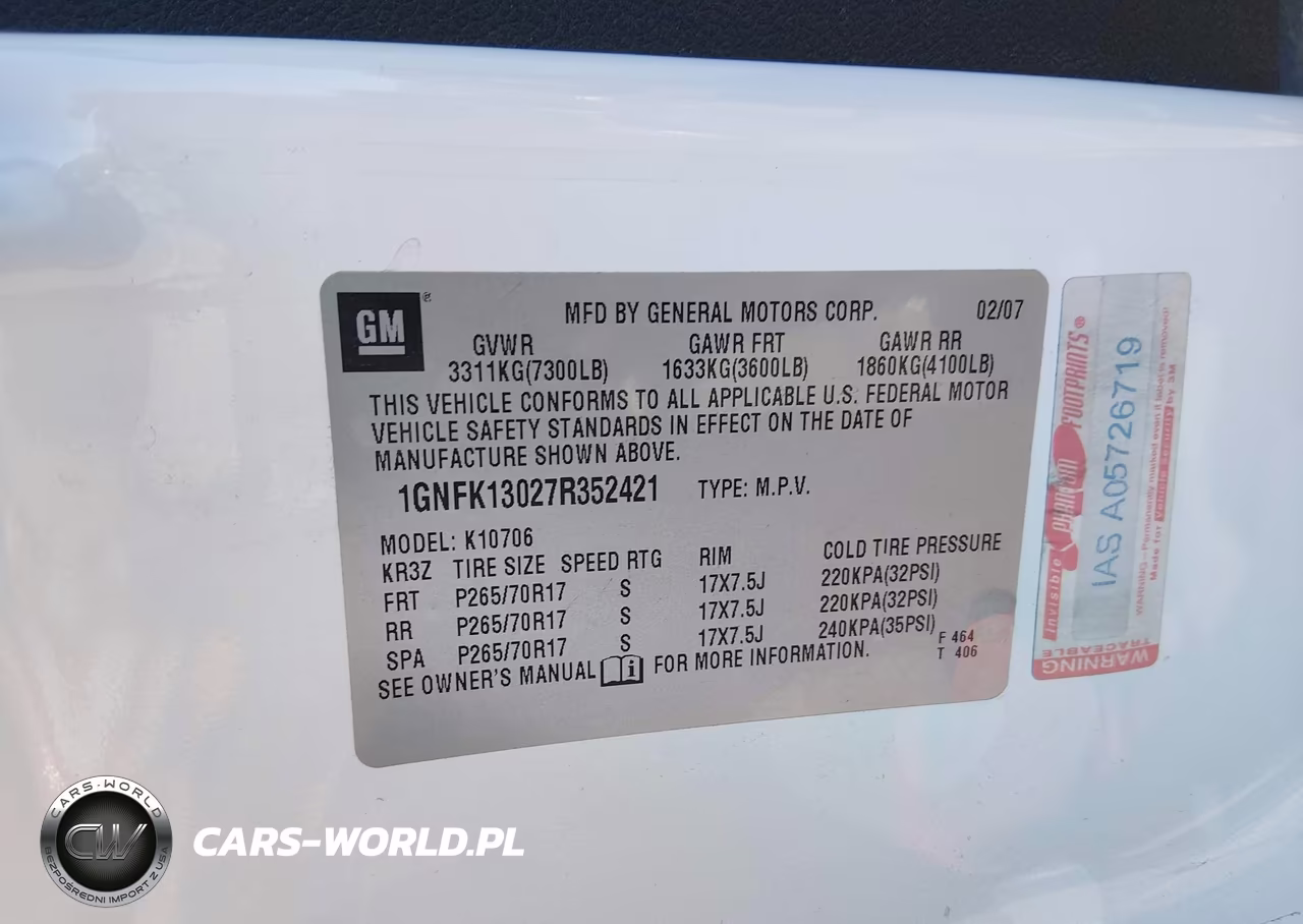 2007 Chevrolet Tahoe Lt VIN:1GNFK13027R352421 - 9