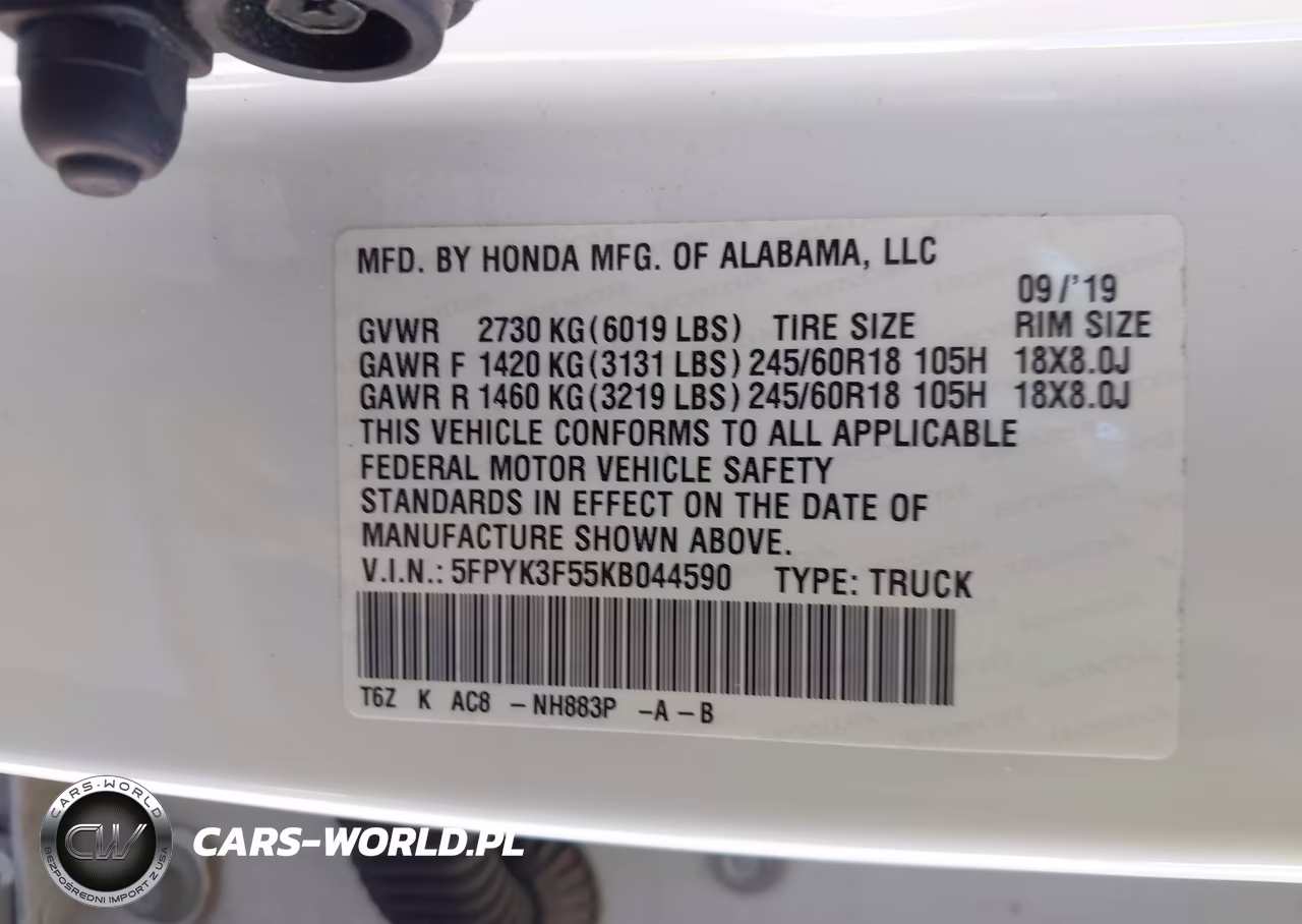 2019 Honda Ridgeline Rtl VIN:5FPYK3F55KB044590 - 9