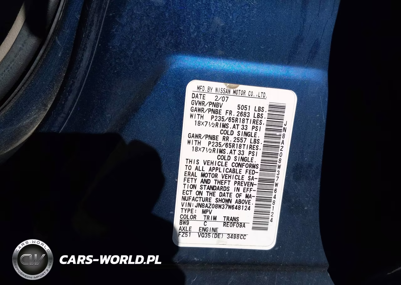 2007 Nissan Murano Sl VIN:JN8AZ08W37W648124 - 9