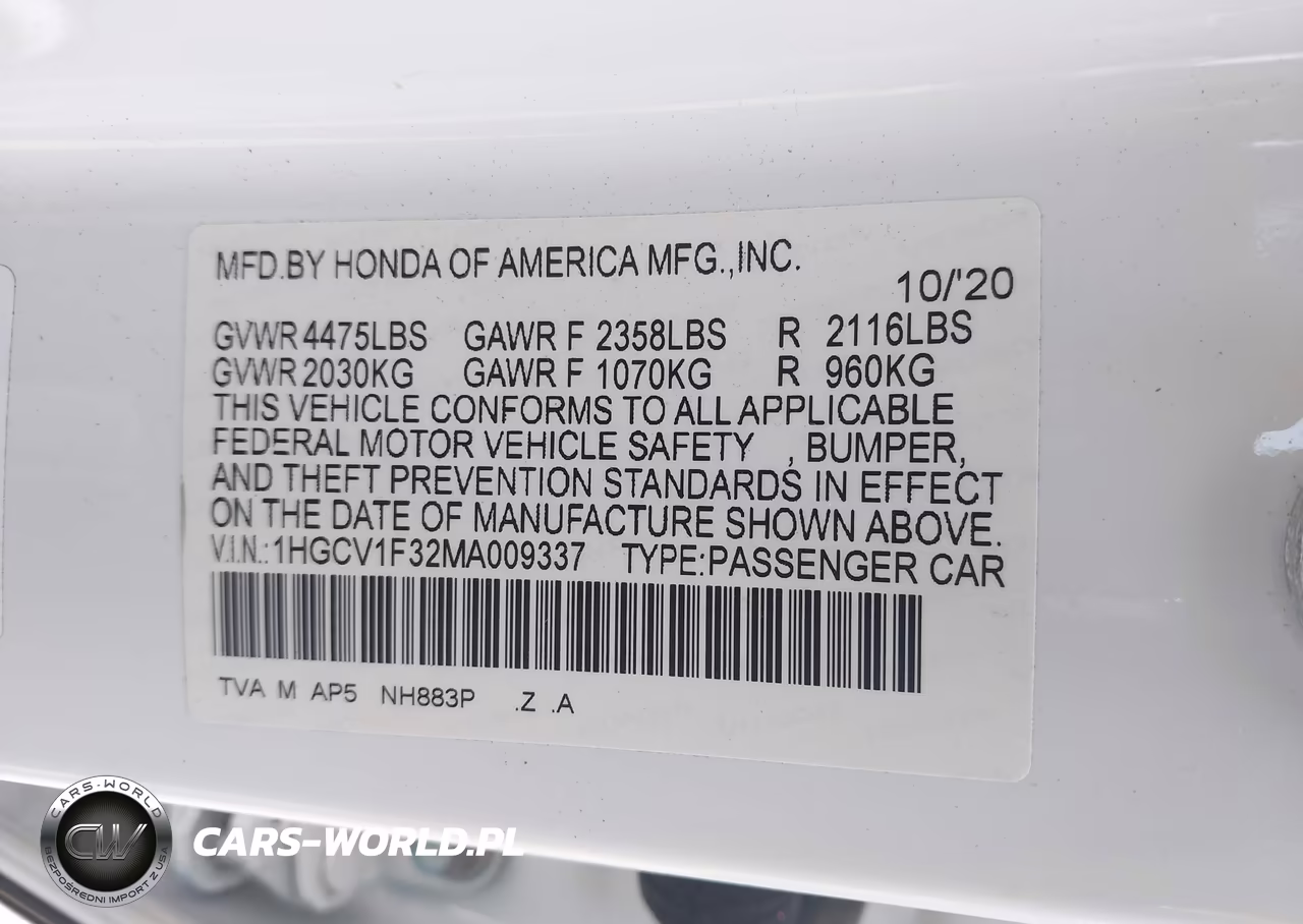 2021 Honda Accord Sport VIN:1HGCV1F32MA009337 - 9