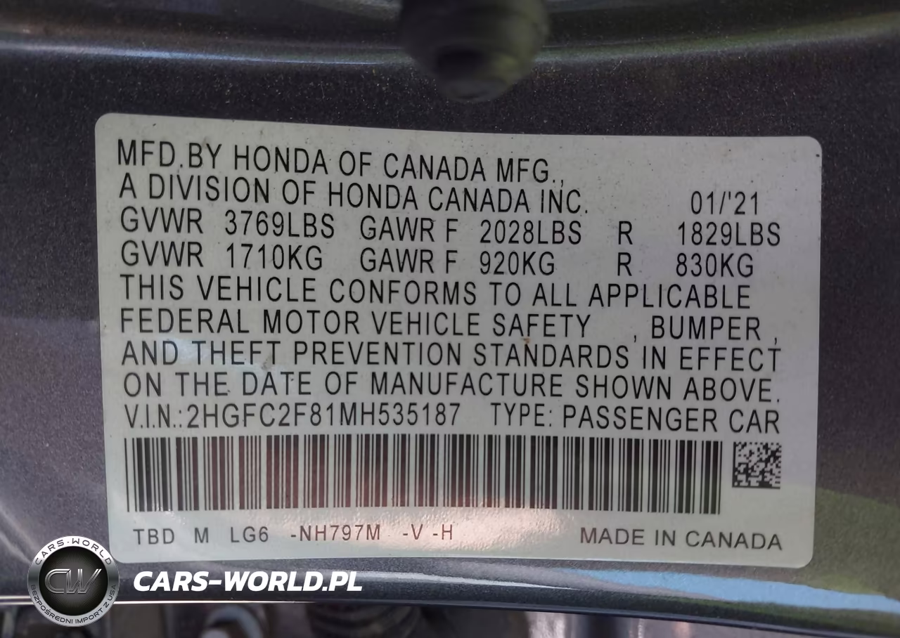 2021 Honda Civic Sport VIN:2HGFC2F81MH535187 - 9