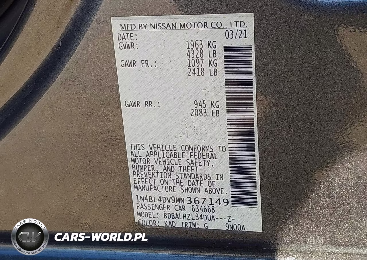 2021 Nissan Altima Sv Fwd VIN:1N4BL4DV9MN367149 - 9
