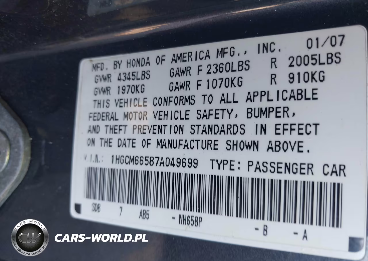 2007 Honda Accord 3.0 Ex VIN:1HGCM66587A049699 - 9