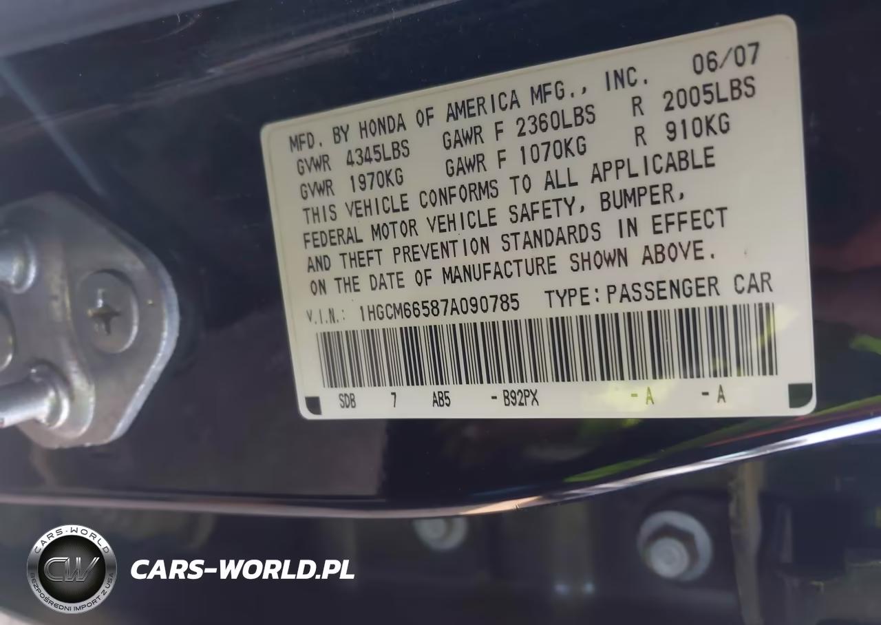 2007 Honda Accord 3.0 Ex VIN:1HGCM66587A090785 - 9