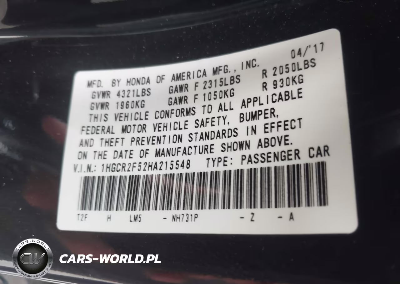 2017 Honda Accord Sport VIN:1HGCR2F52HA215548 - 9