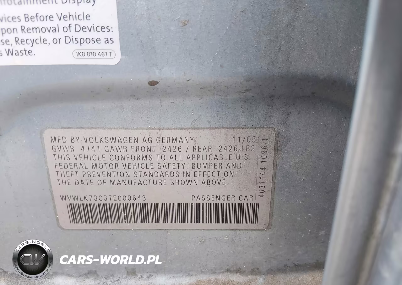 2007 Volkswagen Passat 2.0T VIN:WVWLK73C37E000643 - 9