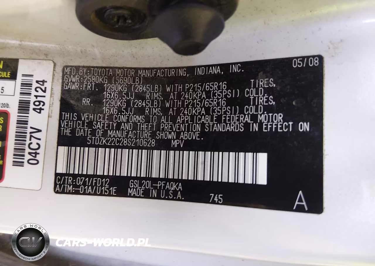 2008 Toyota Sienna Xle VIN:5TDZK22C28S210628 - 9