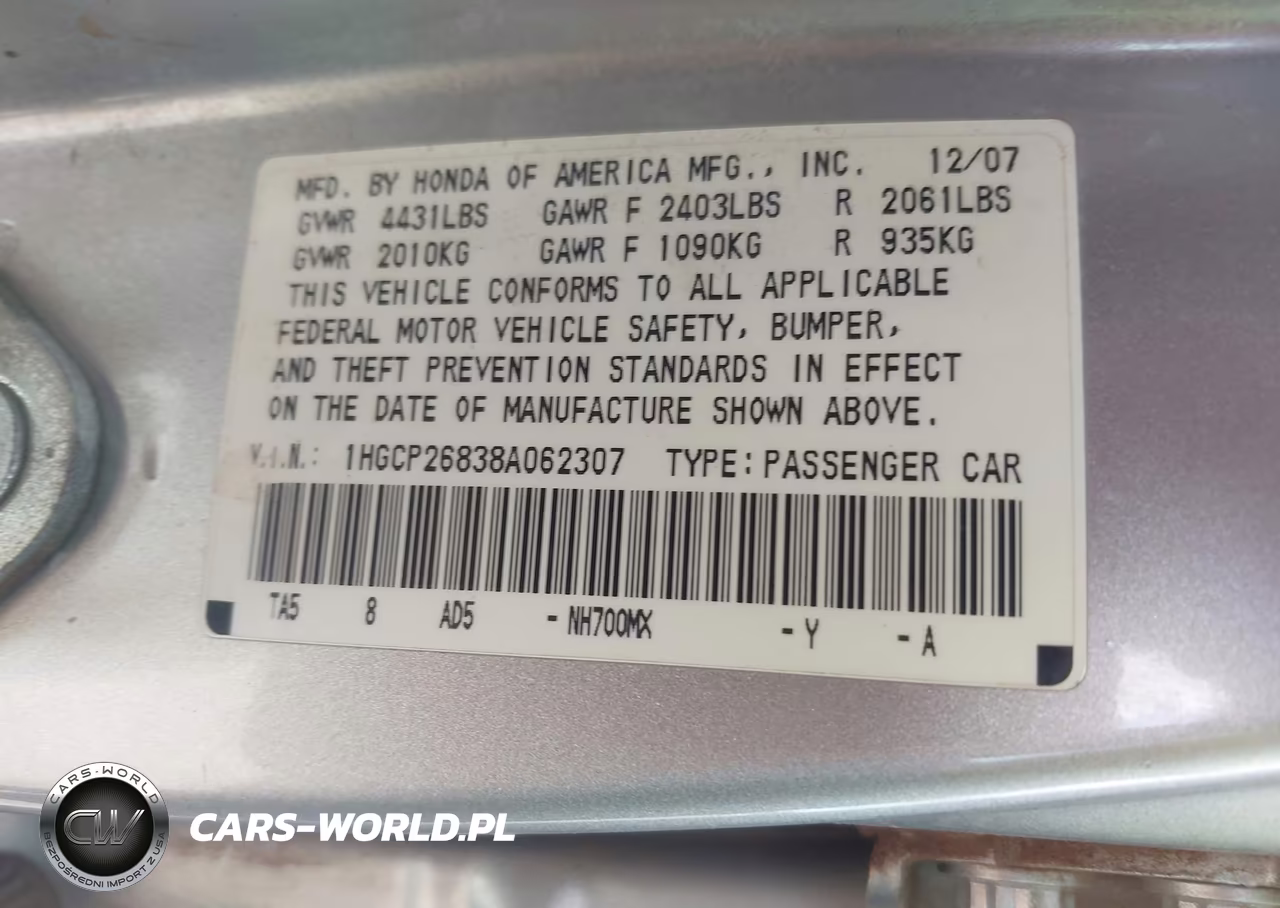 2008 Honda Accord 2.4 Ex-L VIN:1HGCP26838A062307 - 9