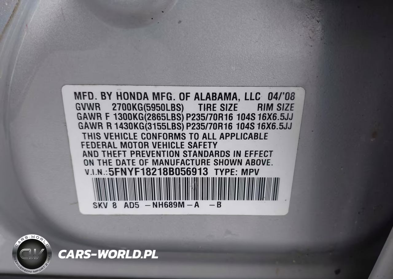 2008 Honda Pilot Vp VIN:5FNYF18218B056913 - 9