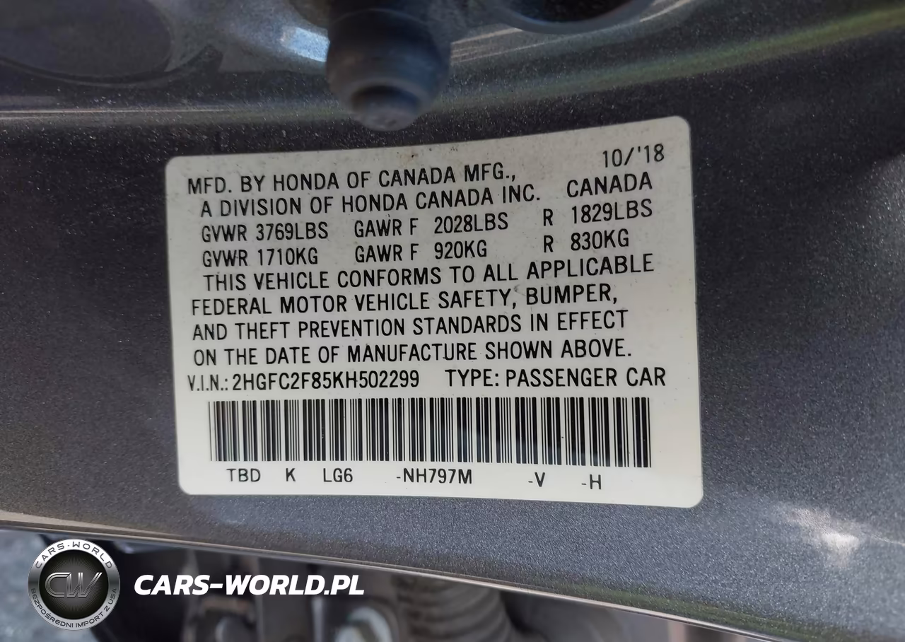 2019 Honda Civic Sport VIN:2HGFC2F85KH502299 - 9