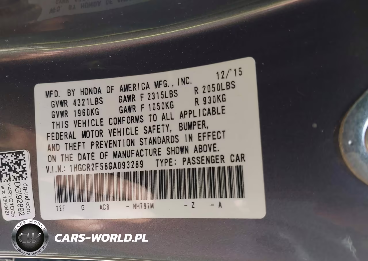 2016 Honda Accord Sport VIN:1HGCR2F58GA093289 - 9
