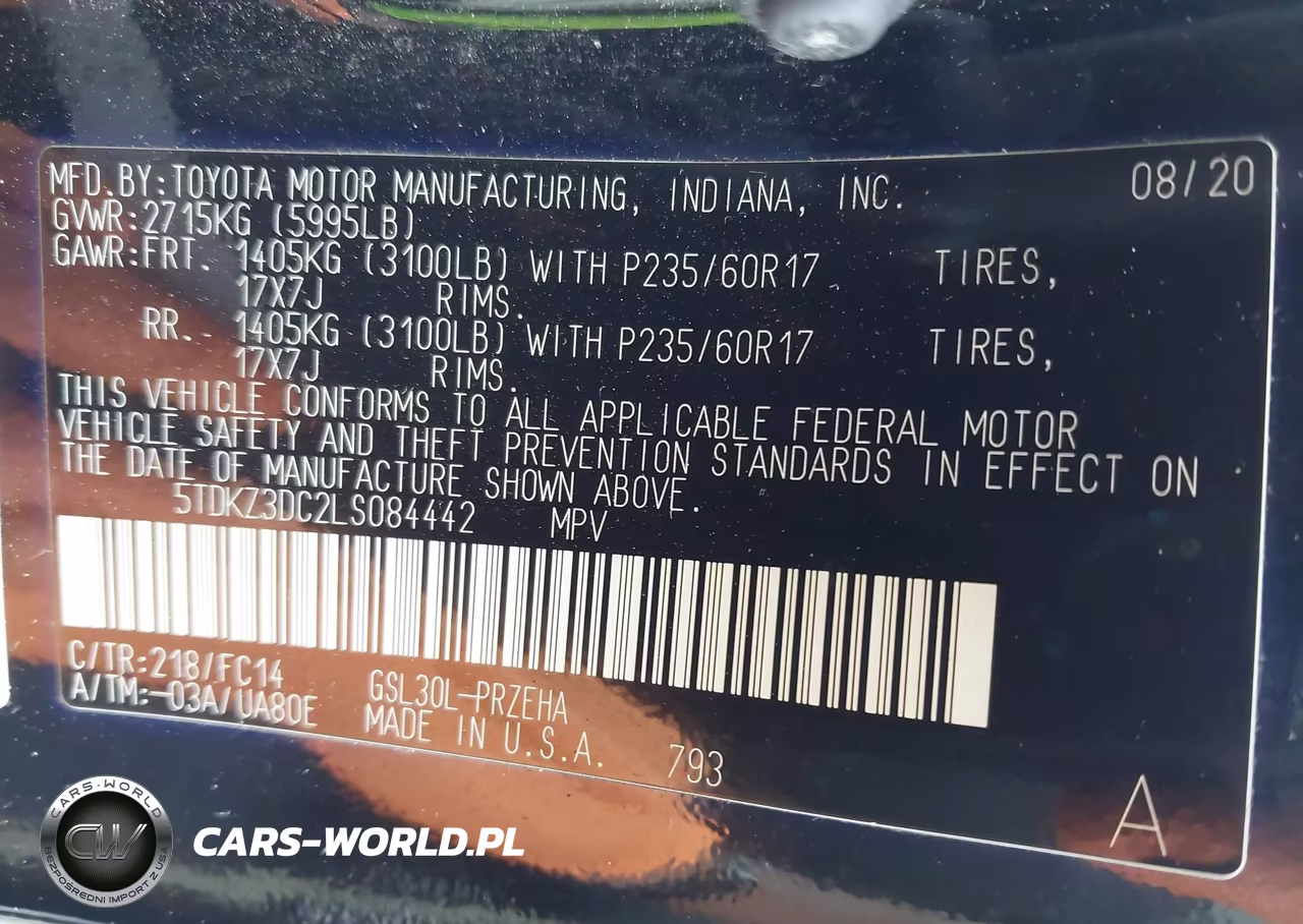 2020 Toyota Sienna Le VIN:5TDKZ3DC2LS084442 - 9