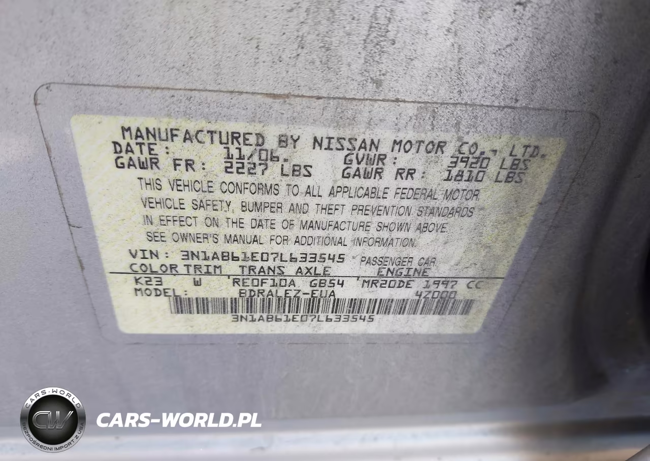 2007 Nissan Sentra 2.0S VIN:3N1AB61E07L633545 - 9