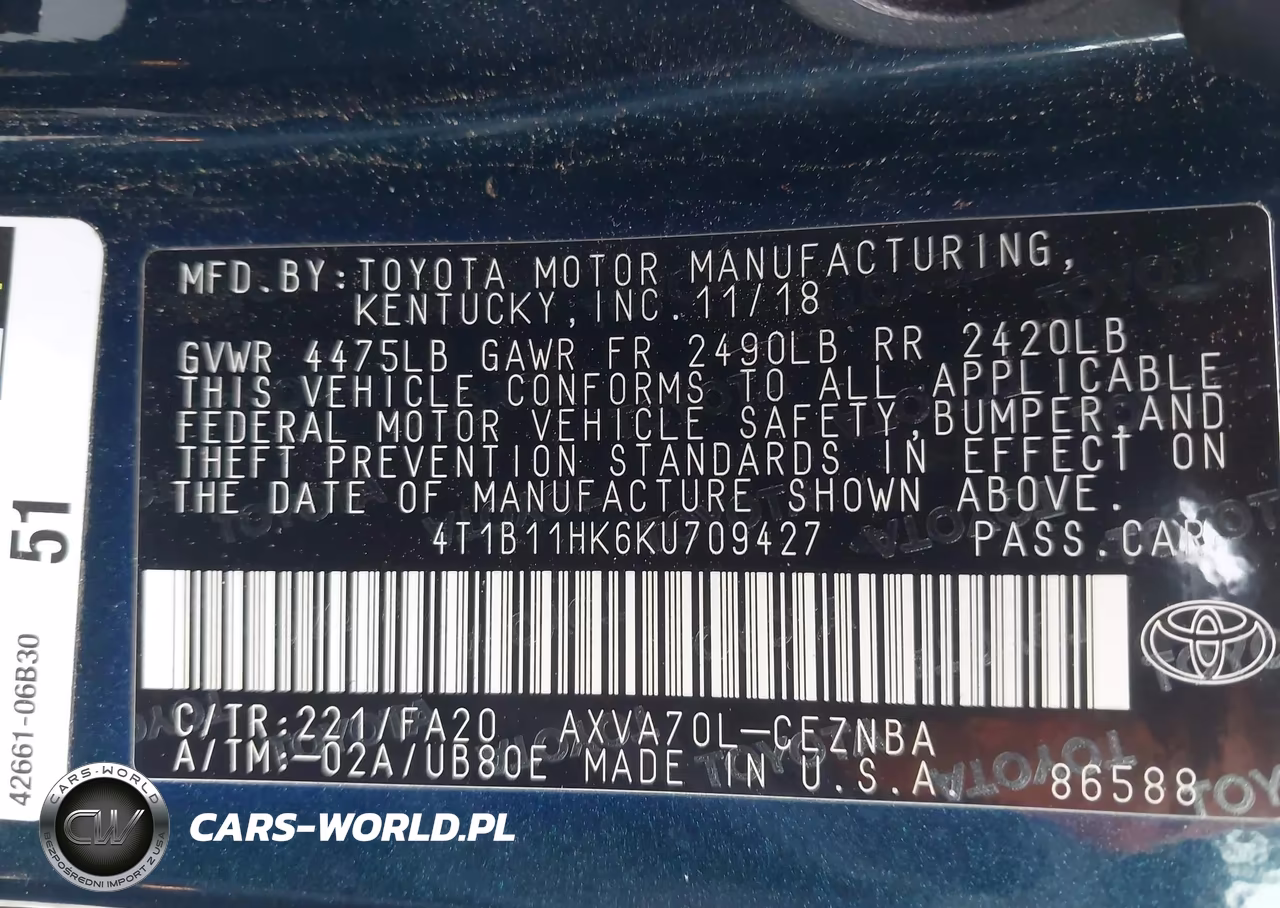 2019 Toyota Camry Le VIN:4T1B11HK6KU709427 - 9
