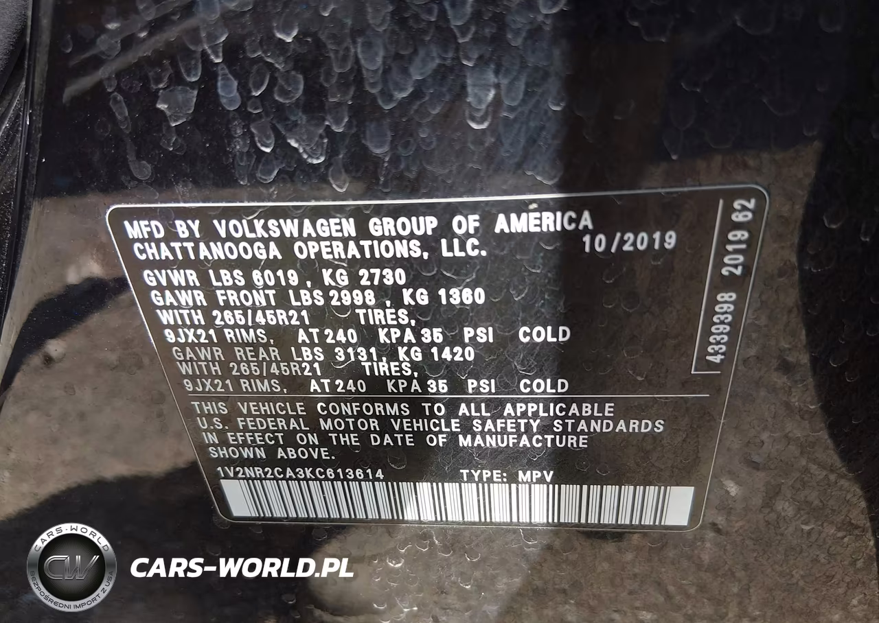 2019 Volkswagen Atlas 3.6L V6 Sel Premium VIN:1V2NR2CA3KC613614 - 9