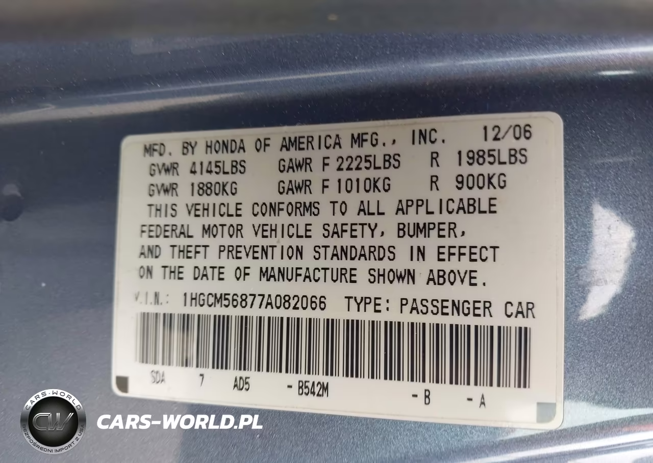 2007 Honda Accord 2.4 Ex VIN:1HGCM56877A082066 - 9