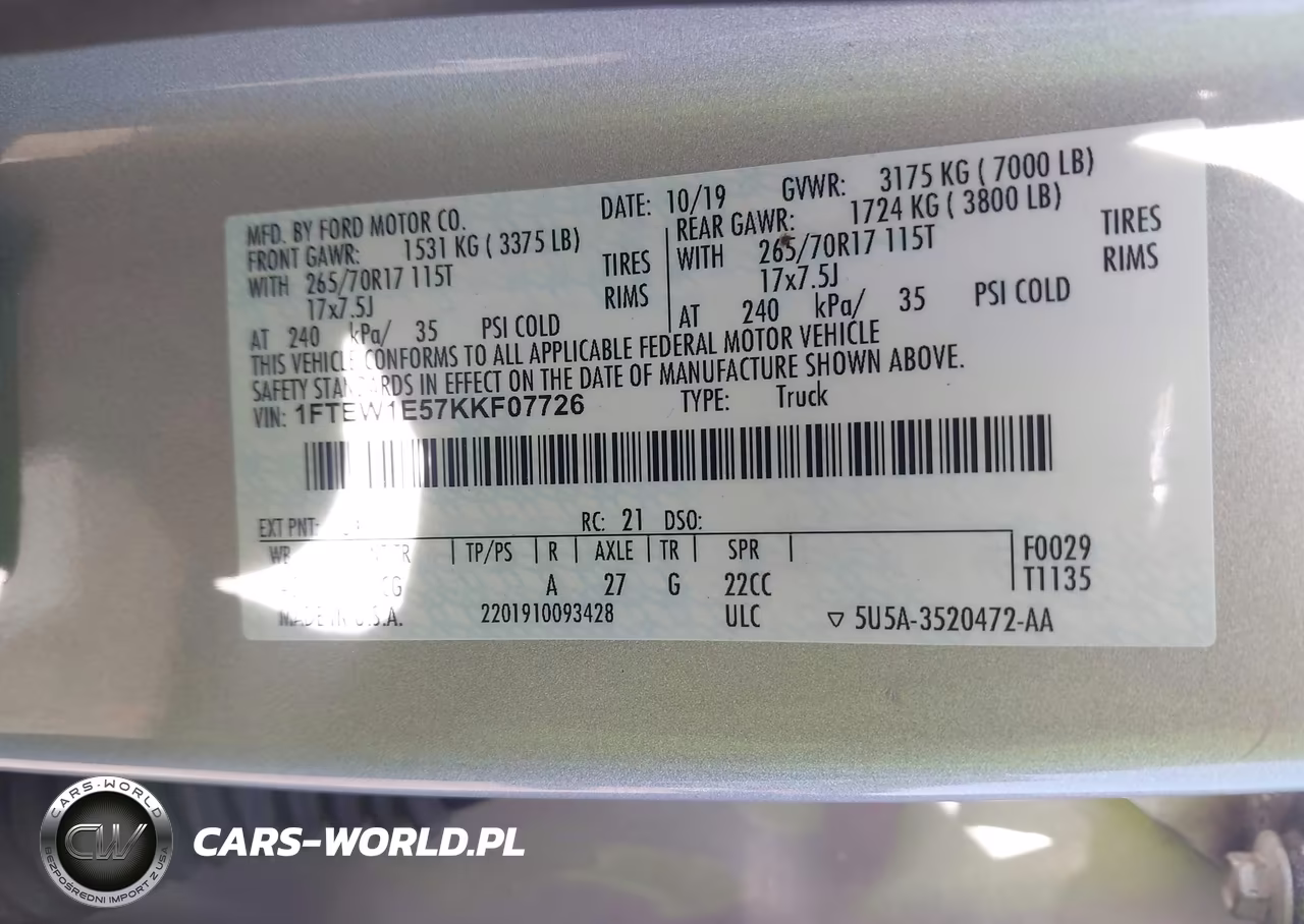 2019 Ford F-150 Xl VIN:1FTEW1E57KKF07726 - 9