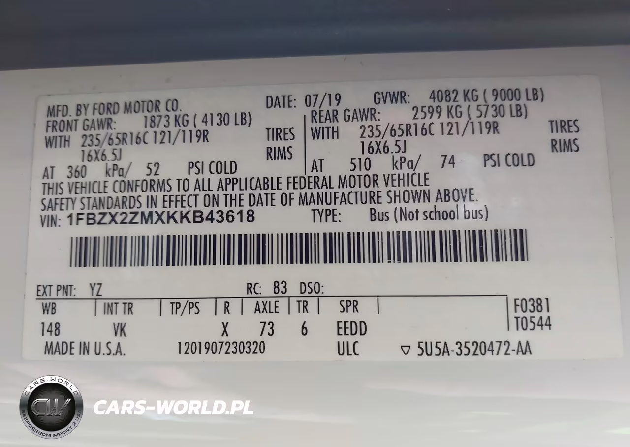 2019 Ford Transit-350 Xl VIN:1FBZX2ZMXKKB43618 - 9